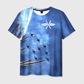 Мужская футболка 3D с принтом Самолеты в небе в Тюмени, 100% полиэфир | прямой крой, круглый вырез горловины, длина до линии бедер | Тематика изображения на принте: авиатор | авиация | ввс | герб | летчику | небо | самолет | флаг