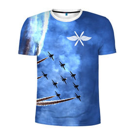 Мужская футболка 3D спортивная с принтом Самолеты в небе в Тюмени, 100% полиэстер с улучшенными характеристиками | приталенный силуэт, круглая горловина, широкие плечи, сужается к линии бедра | Тематика изображения на принте: авиатор | авиация | ввс | герб | летчику | небо | самолет | флаг
