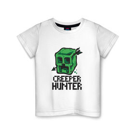 Детская футболка хлопок с принтом Creeper hunter в Тюмени, 100% хлопок | круглый вырез горловины, полуприлегающий силуэт, длина до линии бедер | Тематика изображения на принте: крипер | майнкрафт | охотник