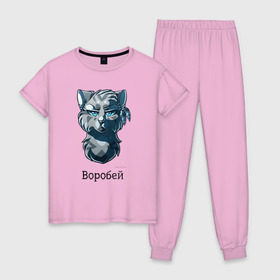 Женская пижама хлопок с принтом Коты - Воители. Воробей в Тюмени, 100% хлопок | брюки и футболка прямого кроя, без карманов, на брюках мягкая резинка на поясе и по низу штанин | 