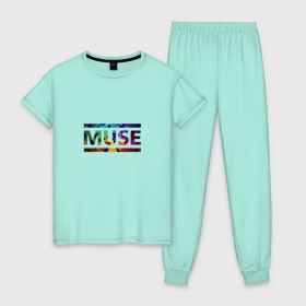 Женская пижама хлопок с принтом Muse colour в Тюмени, 100% хлопок | брюки и футболка прямого кроя, без карманов, на брюках мягкая резинка на поясе и по низу штанин | Тематика изображения на принте: muse