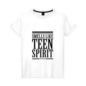Женская футболка хлопок с принтом Smells like teen spirit в Тюмени, 100% хлопок | прямой крой, круглый вырез горловины, длина до линии бедер, слегка спущенное плечо | smells like teen spirit
