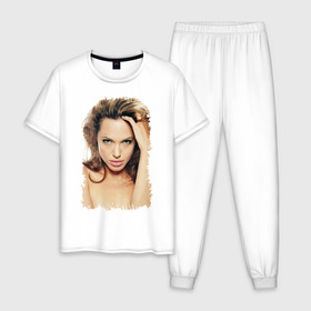 Мужская пижама хлопок с принтом Анджелина Джоли в Тюмени, 100% хлопок | брюки и футболка прямого кроя, без карманов, на брюках мягкая резинка на поясе и по низу штанин
 | Тематика изображения на принте: angelina jolie | анджелина джоли | кинозвезда