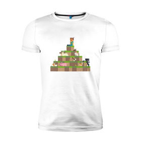 Мужская футболка премиум с принтом Вершина холма в Minecraft в Тюмени, 92% хлопок, 8% лайкра | приталенный силуэт, круглый вырез ворота, длина до линии бедра, короткий рукав | Тематика изображения на принте: minecraft | майнкрафт | холм на котором сидят различные мобы из игры minecraftкубы