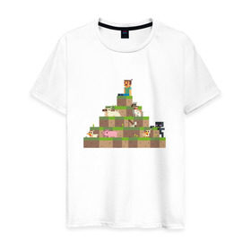 Мужская футболка хлопок с принтом Вершина холма в Minecraft в Тюмени, 100% хлопок | прямой крой, круглый вырез горловины, длина до линии бедер, слегка спущенное плечо. | Тематика изображения на принте: minecraft | майнкрафт | холм на котором сидят различные мобы из игры minecraftкубы