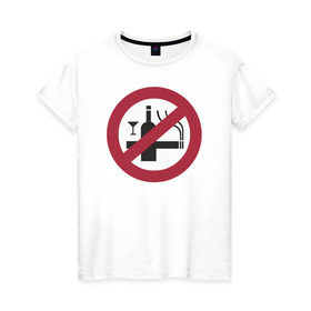 Женская футболка хлопок с принтом NO Smoking Alcohol Sign в Тюмени, 100% хлопок | прямой крой, круглый вырез горловины, длина до линии бедер, слегка спущенное плечо | 