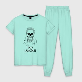 Женская пижама хлопок с принтом Tate Langdon в Тюмени, 100% хлопок | брюки и футболка прямого кроя, без карманов, на брюках мягкая резинка на поясе и по низу штанин | american | horror | story | американкая | история