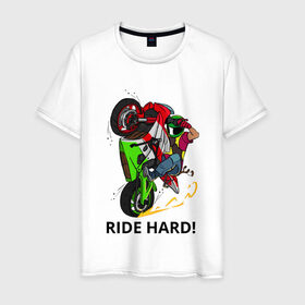 Мужская футболка хлопок с принтом Ride Hard (Moto) в Тюмени, 100% хлопок | прямой крой, круглый вырез горловины, длина до линии бедер, слегка спущенное плечо. | moto | motorcycle | ride hard or go home вваливай по настоящемуstunt | yamaha | мото | спортбайк | стант