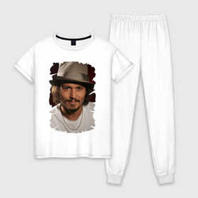Женская пижама хлопок с принтом Джонни Депп (Johnny Depp) в Тюмени, 100% хлопок | брюки и футболка прямого кроя, без карманов, на брюках мягкая резинка на поясе и по низу штанин | johnny depp | голливуд | джонни депп | кинозвезда