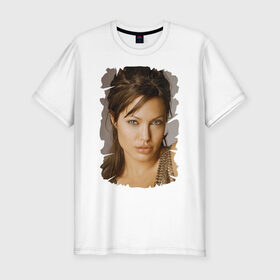 Мужская футболка премиум с принтом Анджелина Джоли в Тюмени, 92% хлопок, 8% лайкра | приталенный силуэт, круглый вырез ворота, длина до линии бедра, короткий рукав | Тематика изображения на принте: angelina jolie | анджелина джоли | кинозвезда