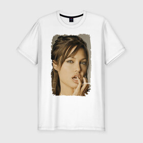 Мужская футболка премиум с принтом Анджелина Джоли в Тюмени, 92% хлопок, 8% лайкра | приталенный силуэт, круглый вырез ворота, длина до линии бедра, короткий рукав | angelina jolie | анджелина джоли | кинозвезда
