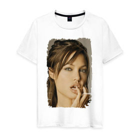 Мужская футболка хлопок с принтом Анджелина Джоли в Тюмени, 100% хлопок | прямой крой, круглый вырез горловины, длина до линии бедер, слегка спущенное плечо. | Тематика изображения на принте: angelina jolie | анджелина джоли | кинозвезда