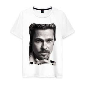 Мужская футболка хлопок с принтом Брэд Питт (Brad Pitt) в Тюмени, 100% хлопок | прямой крой, круглый вырез горловины, длина до линии бедер, слегка спущенное плечо. | brad pitt | брэд питт | голливуд | кинозвезда