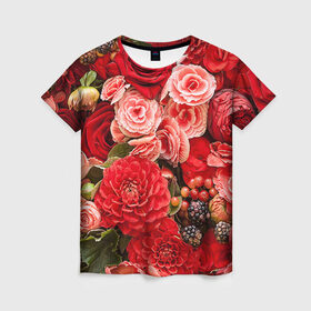 Женская футболка 3D с принтом Цветы в Тюмени, 100% полиэфир ( синтетическое хлопкоподобное полотно) | прямой крой, круглый вырез горловины, длина до линии бедер | flower | девушкам | розы | цветочки | цветы