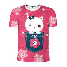Мужская футболка 3D спортивная с принтом Котик в Тюмени, 100% полиэстер с улучшенными характеристиками | приталенный силуэт, круглая горловина, широкие плечи, сужается к линии бедра | девушкам | карман | киса | котик | кошка | цветы