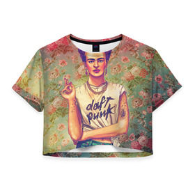 Женская футболка 3D укороченная с принтом Фрида в Тюмени, 100% полиэстер | круглая горловина, длина футболки до линии талии, рукава с отворотами | Тематика изображения на принте: девушка | искусство | кало | фрида | цветы
