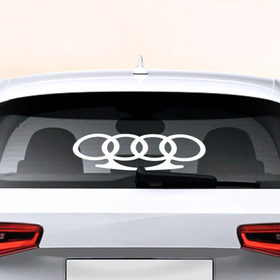 Наклейка на авто - для заднего стекла с принтом Audi в Тюмени, ПВХ | Точные размеры наклейки зависят от выбранного изображения (ширина не больше 75 мм, высота не больше 45 мм) | автобренд | ауди | лого | машина
