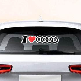 Наклейка на авто - для заднего стекла с принтом I love Audi в Тюмени, ПВХ | Точные размеры наклейки зависят от выбранного изображения (ширина не больше 75 мм, высота не больше 45 мм) | автобренд | ауди | лого | машина | я люблю