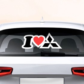 Наклейка на авто - для заднего стекла с принтом I love Mitsubishi в Тюмени, ПВХ | Точные размеры наклейки зависят от выбранного изображения (ширина не больше 75 мм, высота не больше 45 мм) | автобренд | лого | машина | митсубиси | я люблю