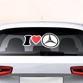 Наклейка на авто - для заднего стекла с принтом I love Mercedes в Тюмени, ПВХ | Точные размеры наклейки зависят от выбранного изображения (ширина не больше 75 мм, высота не больше 45 мм) | автобренд | лого | машина | мерседес | я люблю