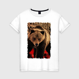 Женская футболка хлопок с принтом Могучий русский медведь в Тюмени, 100% хлопок | прямой крой, круглый вырез горловины, длина до линии бедер, слегка спущенное плечо | медведь | отвага | родина | россия | сила | я русский