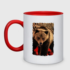 Кружка двухцветная с принтом Могучий русский медведь в Тюмени, керамика | объем — 330 мл, диаметр — 80 мм. Цветная ручка и кайма сверху, в некоторых цветах — вся внутренняя часть | медведь | отвага | родина | россия | сила | я русский
