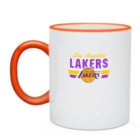 Кружка двухцветная с принтом Los Angeles Lakers в Тюмени, керамика | объем — 330 мл, диаметр — 80 мм. Цветная ручка и кайма сверху, в некоторых цветах — вся внутренняя часть | basketball | lakers | баскетболл | лос анджелес | нба
