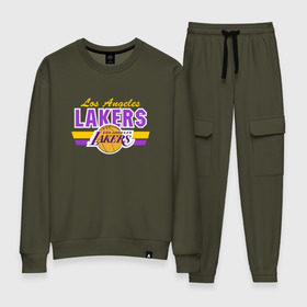 Женский костюм хлопок с принтом Los Angeles Lakers в Тюмени, 100% хлопок | на свитшоте круглая горловина, мягкая резинка по низу. Брюки заужены к низу, на них два вида карманов: два 