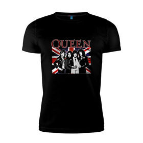 Мужская футболка премиум с принтом Queen band в Тюмени, 92% хлопок, 8% лайкра | приталенный силуэт, круглый вырез ворота, длина до линии бедра, короткий рукав | england | freddie | mercury | queen   легендарная рок группаqueen | фредди меркьури