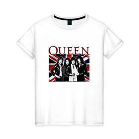 Женская футболка хлопок с принтом Queen band в Тюмени, 100% хлопок | прямой крой, круглый вырез горловины, длина до линии бедер, слегка спущенное плечо | england | freddie | mercury | queen   легендарная рок группаqueen | фредди меркьури