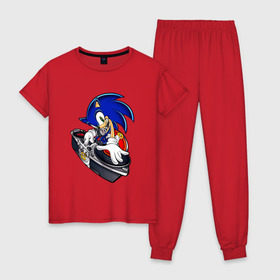 Женская пижама хлопок с принтом Sonic в Тюмени, 100% хлопок | брюки и футболка прямого кроя, без карманов, на брюках мягкая резинка на поясе и по низу штанин | dj | sega | sonic главный персонаж серии комиксов и мультфильмовsonic | сонник