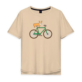 Мужская футболка хлопок Oversize с принтом Корги на велосипеде в Тюмени, 100% хлопок | свободный крой, круглый ворот, “спинка” длиннее передней части | Тематика изображения на принте: велосипед | корги | собака
