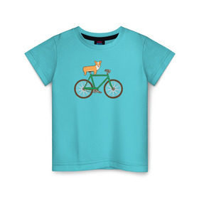 Детская футболка хлопок с принтом Корги на велосипеде в Тюмени, 100% хлопок | круглый вырез горловины, полуприлегающий силуэт, длина до линии бедер | Тематика изображения на принте: велосипед | корги | собака