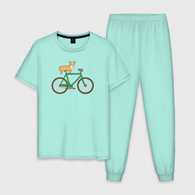 Мужская пижама хлопок с принтом Корги на велосипеде в Тюмени, 100% хлопок | брюки и футболка прямого кроя, без карманов, на брюках мягкая резинка на поясе и по низу штанин
 | Тематика изображения на принте: велосипед | корги | собака