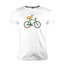 Мужская футболка премиум с принтом Корги на велосипеде в Тюмени, 92% хлопок, 8% лайкра | приталенный силуэт, круглый вырез ворота, длина до линии бедра, короткий рукав | велосипед | корги | собака