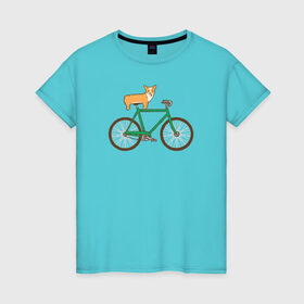 Женская футболка хлопок с принтом Корги на велосипеде в Тюмени, 100% хлопок | прямой крой, круглый вырез горловины, длина до линии бедер, слегка спущенное плечо | велосипед | корги | собака