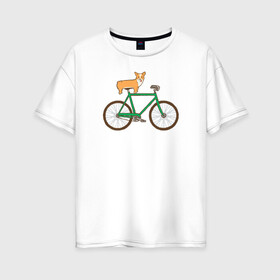 Женская футболка хлопок Oversize с принтом Корги на велосипеде в Тюмени, 100% хлопок | свободный крой, круглый ворот, спущенный рукав, длина до линии бедер
 | велосипед | корги | собака