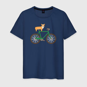Мужская футболка хлопок с принтом Корги на велосипеде в Тюмени, 100% хлопок | прямой крой, круглый вырез горловины, длина до линии бедер, слегка спущенное плечо. | велосипед | корги | собака