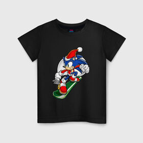 Детская футболка хлопок с принтом Sonic Christmas в Тюмени, 100% хлопок | круглый вырез горловины, полуприлегающий силуэт, длина до линии бедер | sega | sonic | sonic christmasсоник | еж | рождество | сноуборд