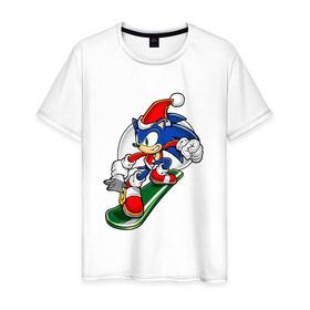 Мужская футболка хлопок с принтом Sonic Christmas в Тюмени, 100% хлопок | прямой крой, круглый вырез горловины, длина до линии бедер, слегка спущенное плечо. | sega | sonic | sonic christmasсоник | еж | рождество | сноуборд