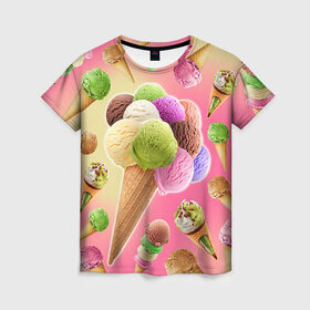 Женская футболка 3D с принтом Мороженое в Тюмени, 100% полиэфир ( синтетическое хлопкоподобное полотно) | прямой крой, круглый вырез горловины, длина до линии бедер | cream | ice | icecream | вкусная | еда | мороженое | рожок
