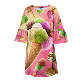 Детское платье 3D с принтом Мороженое в Тюмени, 100% полиэстер | прямой силуэт, чуть расширенный к низу. Круглая горловина, на рукавах — воланы | cream | ice | icecream | вкусная | еда | мороженое | рожок
