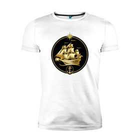 Мужская футболка премиум с принтом Золотой парусник в Тюмени, 92% хлопок, 8% лайкра | приталенный силуэт, круглый вырез ворота, длина до линии бедра, короткий рукав | Тематика изображения на принте: золото | золотой парусникморяк | корабль | море | парусник | якорь