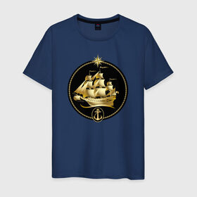 Мужская футболка хлопок с принтом Золотой парусник в Тюмени, 100% хлопок | прямой крой, круглый вырез горловины, длина до линии бедер, слегка спущенное плечо. | золото | золотой парусникморяк | корабль | море | парусник | якорь