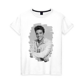Женская футболка хлопок с принтом Elvis Presley в Тюмени, 100% хлопок | прямой крой, круглый вырез горловины, длина до линии бедер, слегка спущенное плечо | elvis presley | король | рок н ролл | элвис пресли