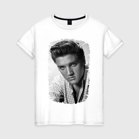 Женская футболка хлопок с принтом Элвис Пресли в Тюмени, 100% хлопок | прямой крой, круглый вырез горловины, длина до линии бедер, слегка спущенное плечо | elvis presley | король | рок н ролл | элвис пресли