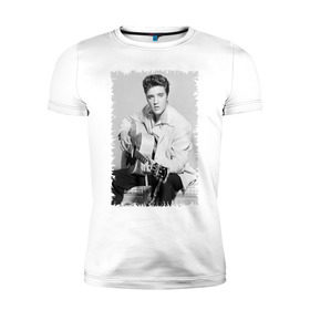 Мужская футболка премиум с принтом Элвис Пресли с гитарой в Тюмени, 92% хлопок, 8% лайкра | приталенный силуэт, круглый вырез ворота, длина до линии бедра, короткий рукав | elvis presley | певец | рок н ролл | элвис пресли