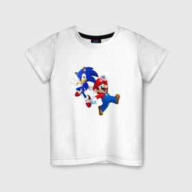 Детская футболка хлопок с принтом Sonic and Mario в Тюмени, 100% хлопок | круглый вырез горловины, полуприлегающий силуэт, длина до линии бедер | Тематика изображения на принте: nintendo | марио | нинтендо