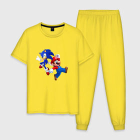Мужская пижама хлопок с принтом Sonic and Mario в Тюмени, 100% хлопок | брюки и футболка прямого кроя, без карманов, на брюках мягкая резинка на поясе и по низу штанин
 | nintendo | марио | нинтендо