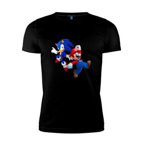 Мужская футболка премиум с принтом Sonic and Mario в Тюмени, 92% хлопок, 8% лайкра | приталенный силуэт, круглый вырез ворота, длина до линии бедра, короткий рукав | nintendo | марио | нинтендо